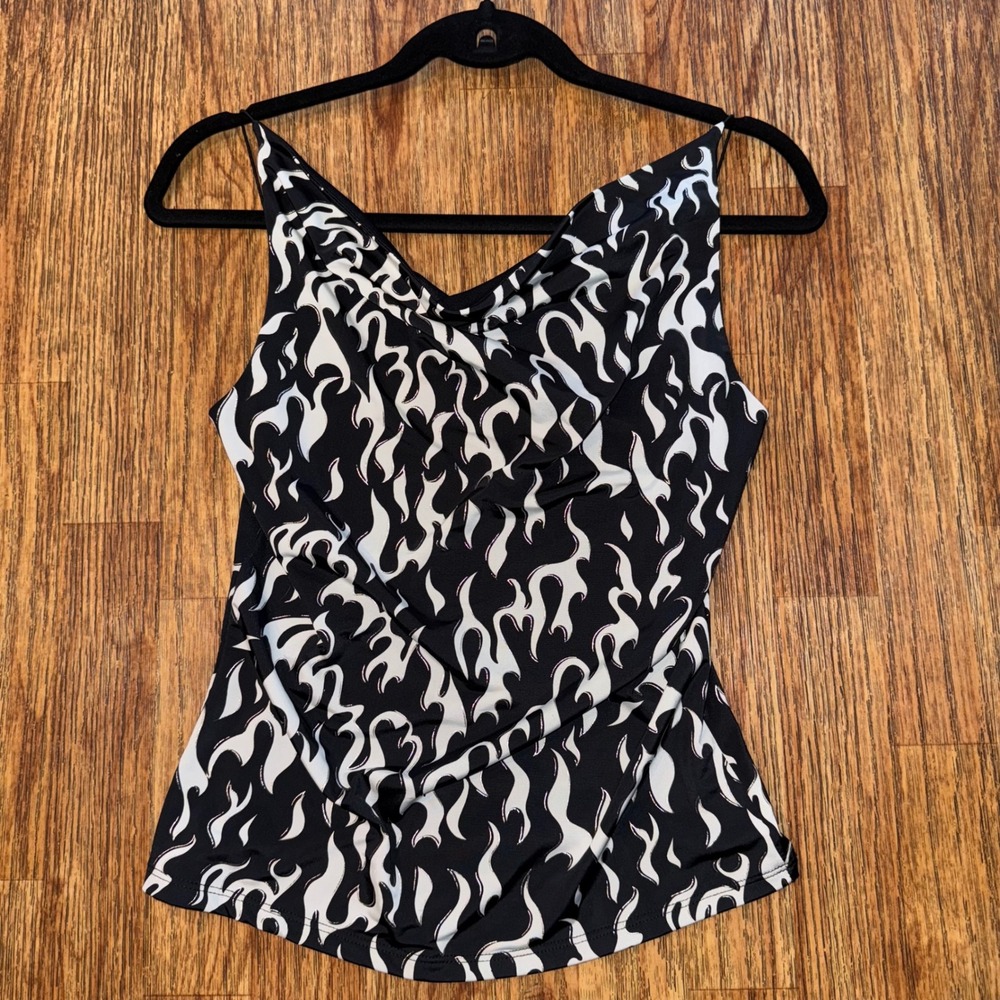 Shameless Tank Top Y2K Black Flame Print Cowl Neck Medium Grunge Punk Goth Rave